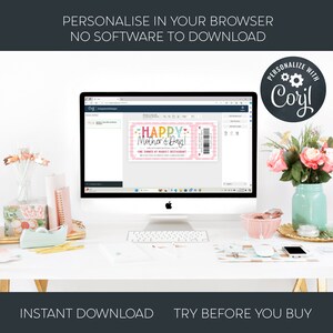 May include: A computer screen displaying a customizable Mother's Day gift certificate template with the text "Happy Mother's Day!" in colorful letters. The template is designed to be personalized with a restaurant name and other details. The screen is surrounded by a white desk with various office supplies, including a pink bowl, a glass jar, and a roll of tape.