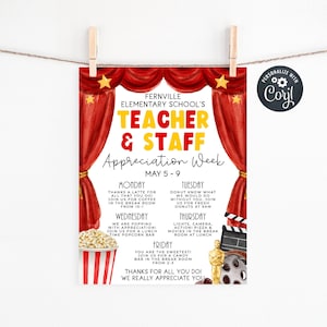 Teacher Appreciation Week Movie Theme Itinerary Flyer Template, Printable Hollywood Staff Sign, Editable Daily Schedule, Instant Download