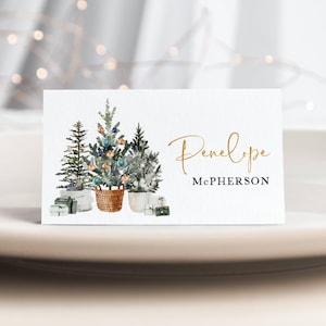 Modello di segnaposto per alberi di Natale, biglietti da visita stampabili per le feste, biglietti da visita modificabili per alberi di pino invernali e regali, download immediato, #C1