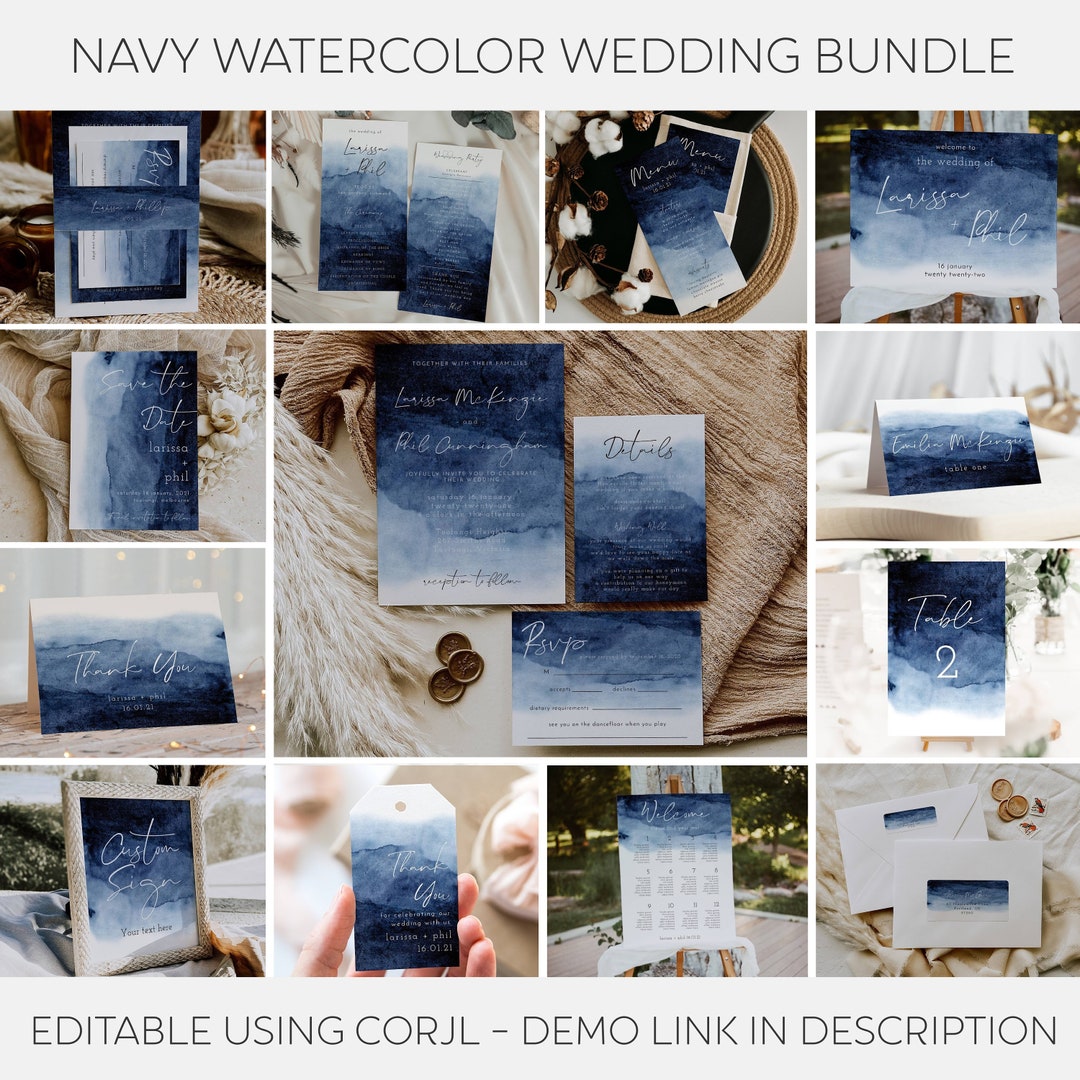 Navy Large Wedding Template Bundle, Printable Ombre Watercolor Ultimate Wedding Bundle, Editable ...