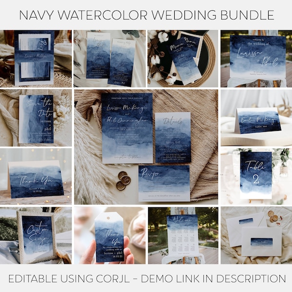 Navy Large Wedding Template Bundle, Printable Ombre Watercolor Ultimate Wedding Bundle, Editable Wedding Collection, Invite Suite, #WC1