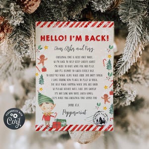 Modelo de carta de elfo, nota de chegada de olá, estou de volta para impressão, carta de retorno de elfo personalizada editável, menino ou menina, download instantâneo