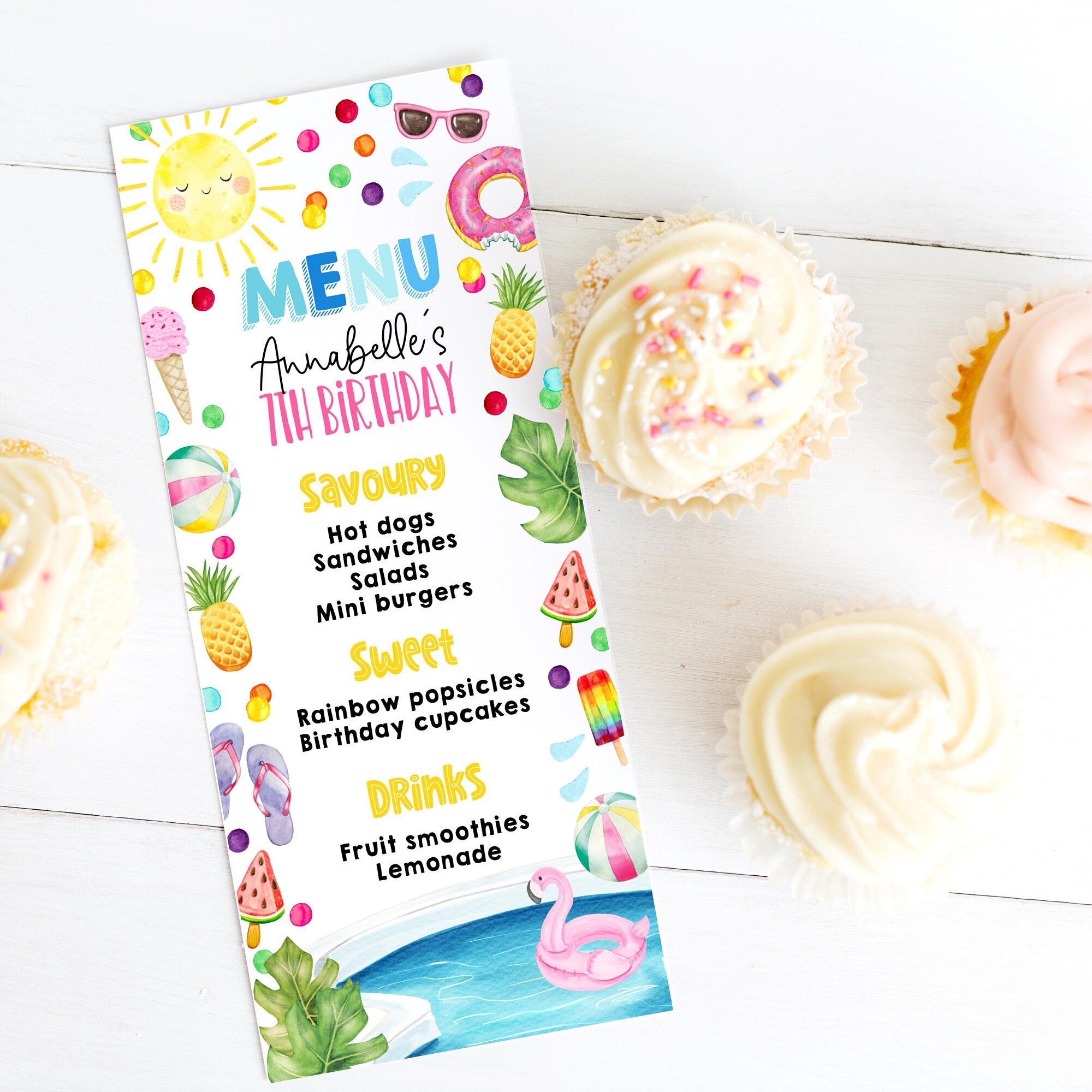 Summer Pool Party Menu Template, Printable Kids' Birthday Menu Cards ...