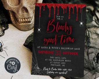 May include: A black and red Halloween party invitation with dripping blood and a spider web design. The invitation reads "Join us for a Bloody good time at Becka & Mitch's Halloween Bash, Saturday 31 October, 7pm until late at the Henderson House, 67 Raven Lane, Portland, OR. Rsvp to Becka 555-264-732. Costumes are essential!"