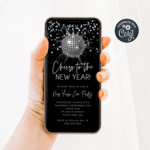 May include: A black and white digital invitation for a New Year's Eve party. The invitation features a silver disco ball with sparkling lights and the text "Cheers to the New Year!"  Please join us for a New Year's Eve Party hosted by Sven & Rita Thursday December 31st from 7pm 27 Smith Street Portland, OR RSVP to Rita by Dec 16 500 000 000