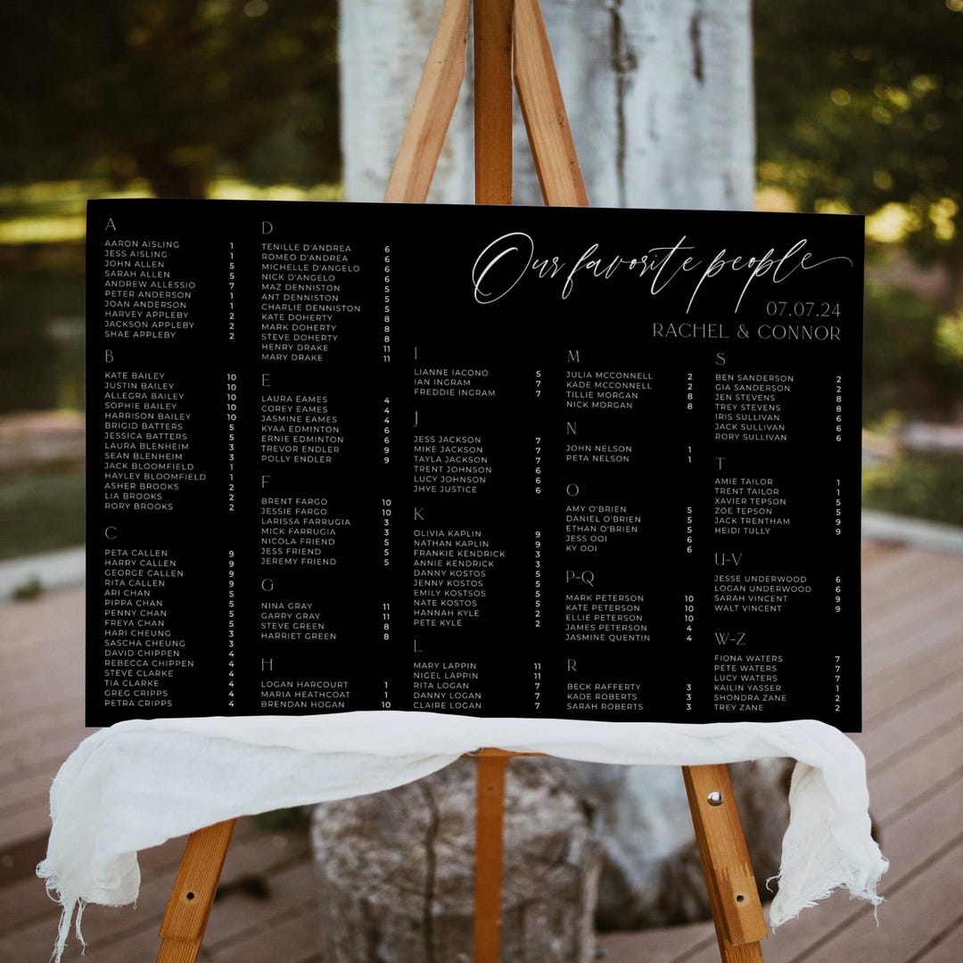 Classic Black Alphabetical Seating Chart Template, Printable Modern ...