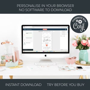 Pu&ograve; includere: Uno schermo di computer che mostra un sito web con un design di biglietto della Festa della Mamma personalizzabile. Il biglietto presenta un cuore rosa e il testo "Happy Mother's Day". Il sito web si chiama "Coril" e consente agli utenti di personalizzare il biglietto con il proprio testo e le proprie immagini.