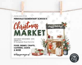 May include: Invitation to a Christmas Market at Fernville Elementary School on Saturday, December 10th from 11 am to 4 pm. The event will feature food, drinks, crafts, clothing, Santa, and more. The invitation features a watercolor illustration of a Christmas market stall with a sign that says "Happy Holidays".