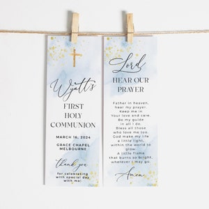 Blue & Gold First Holy Communion Bookmark Template, Printable Boy Watercolor Baptism Bookmark, Editable 1st Communion, Instant Download, #BB