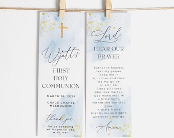 Modèle de marque-page bleu & or première communion, marque-page de baptême aquarelle garçon imprimable, 1ère communion modifiable, téléchargement numérique, #BB
