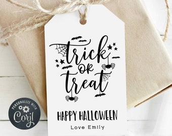 Halloween Favor Tag Template, Printable Trick or Treat Gift Tags, Editable Simple Spiderweb Bats Typography Treat Bag Tags, Instant Download