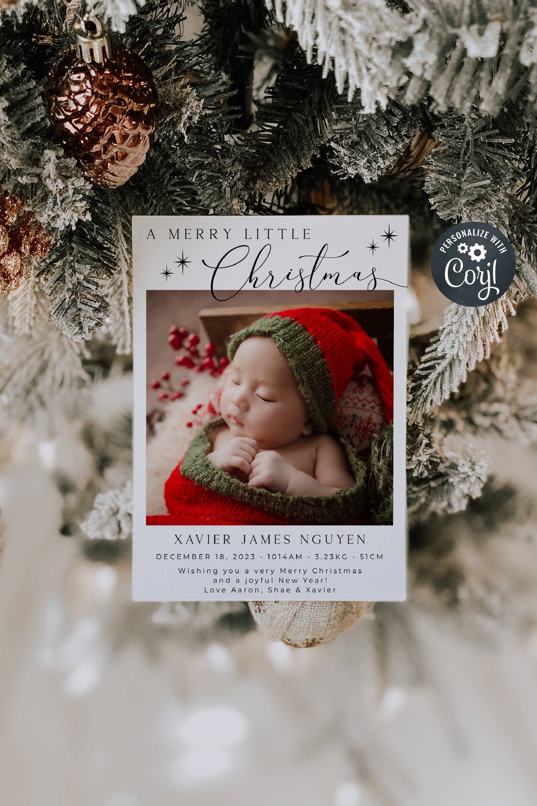Newborn Christmas Card Template, Printable Merry Little Christmas Birth