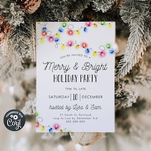 Fairy Lights Holiday Party Invitation Template, Printable Modern Christmas Invite, Editable Merry & Bright Invite, Instant Download, #CSL