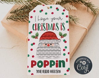 Plantilla de etiqueta de regalo navideña Pop It, etiqueta imprimible de juguete navideño de burbujas, etiqueta editable de Papá Noel, descarga instantánea
