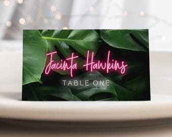 Neon Tropical Place Card Template, Printable Beach Destination Wedding Name Card, Editable Greenery Seating Name Card, Digital Download, #TW