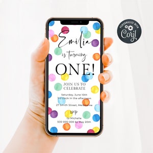 Electronic Rainbow Spots Birthday Invitation Template, Editable 1st Birthday Party Evite, Smartphone Polka Dot Invite, Instant Download #RSB