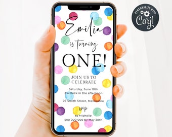 Electronic Rainbow Spots Birthday Invitation Template, Editable 1st Birthday Party Evite, Smartphone Polka Dot Invite, Instant Download #RSB