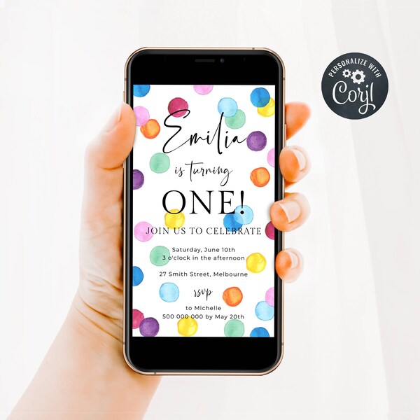 Electronic Rainbow Spots Birthday Invitation Template, Editable 1st Birthday Party Evite, Smartphone Polka Dot Invite, Instant Download #RSB