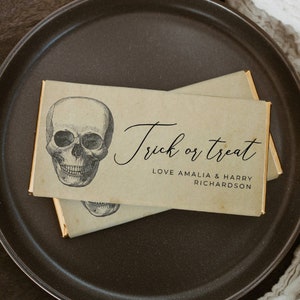 Vintage Skull Halloween Chocolate Bar Wrapper Template, Printable Spooky Elegant Candy Bar Label, Editable Favor Wrap, Instant Download, #VS