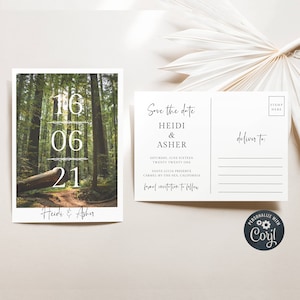 Modelo de cartão postal Redwoods Save The Date, foto da floresta para impressão, salve nossa data, anúncio de casamento editável na Califórnia, download instantâneo