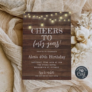 Rustic Birthday Invitation Template, Printable Country Wood String Lights Invite, Editable 40th Any Age Birthday Invite, Instant Download