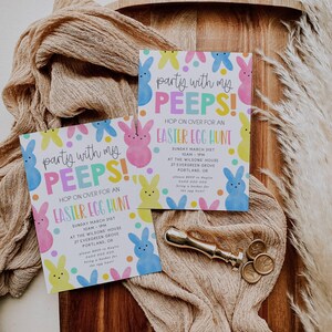May include: Two Easter egg hunt invitations with colorful bunny illustrations and the text "Party with my Peeps!" on a wooden tray. A gold wax seal and fabric are also present.