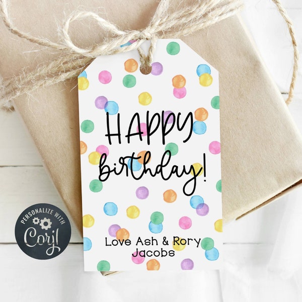 Printable Happy Birthday Gift Tag Template, Pastel Watercolor Confetti Spots Favor Tag, Editable Rainbow Birthday Tags, Instant Download