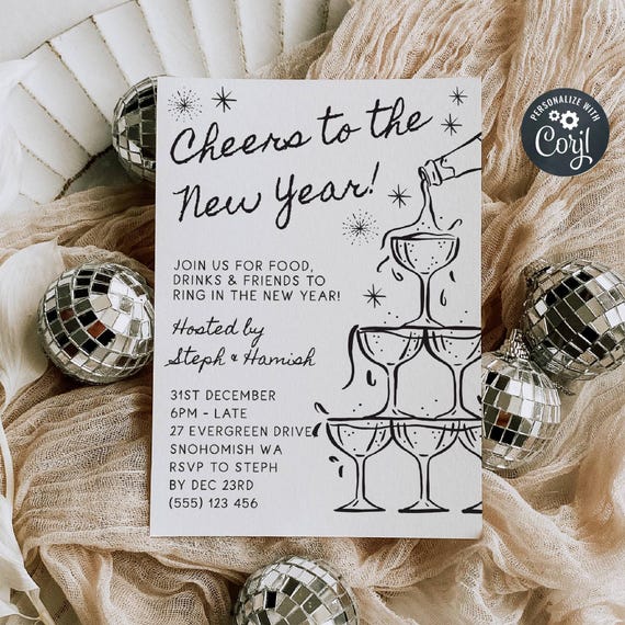 New Year's Eve Champagne Tower Invitation Template, Printable Cheers To The New Year Invite, Editable Whimsical Invite, Digital Download