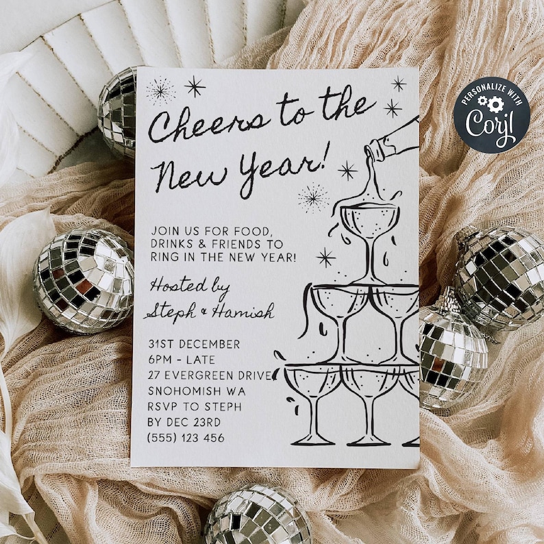New Year's Eve Champagne Tower Invitation Template, Printable Cheers To The New Year Invite, Editable Whimsical Invite, Digital Download image 1