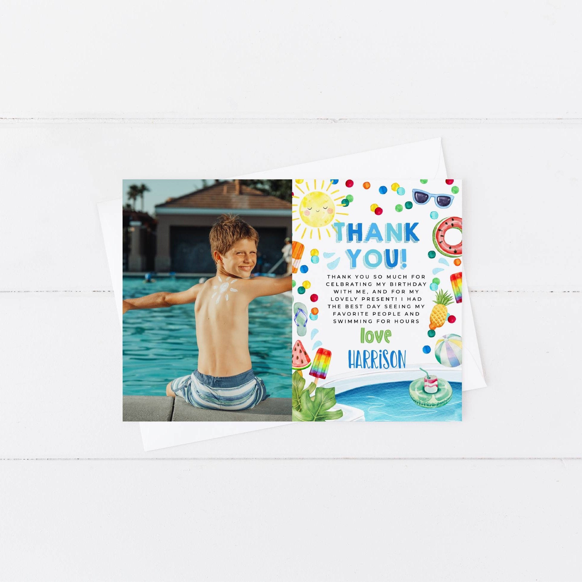 Pool Party Birthday Photo Thank You Card Template Printable | Etsy