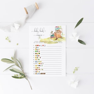 Puede incluir: Un juego de baby shower imprimible con una ilustraci&oacute;n de acuarela de una ardilla sentada en un toc&oacute;n de &aacute;rbol con una pila de libros. El juego se llama "Baby Book Emojis" y pide a los jugadores que adivinen los t&iacute;tulos de los libros para ni&ntilde;os en funci&oacute;n de los emojis.