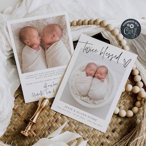 Geburtsankündigungsvorlage für Zwillingsbabys, druckbare, zweimal gesegnete Neugeborenenfotokarten, bearbeitbare moderne Baby-Dankeschön-Notiz, sofort-Download
