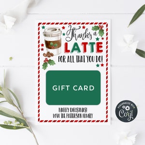 Modèle de porte-cartes cadeau café de Noël, carte-cadeau imprimable Thanks a Latte, étiquettes d'appréciation du personnel modifiables pour les fêtes, téléchargement immédiat