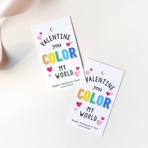 Rainbow Valentine's Day Gift Tag Template, Printable You Color My World Valentine Tags, Editable Crayons Kids Valentine, Instant Download zdjęcie 5