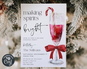Holiday Cocktail Party Invitation Template, Printable Making Spirits Bright Invite, Editable Christmas Drinks Invite, Digital Download, #C4