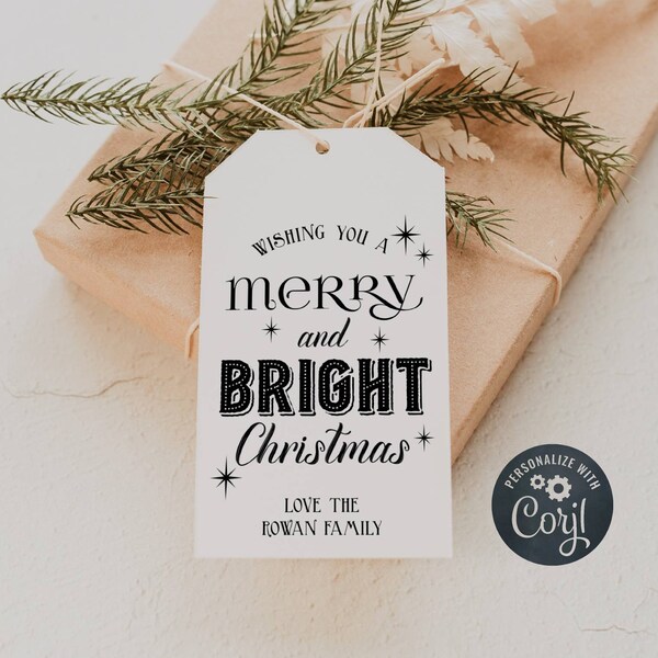 Merry and Bright Christmas Gift Tag Template, Printable Holiday Party Favor Tag, Modern Editable Typography Present Tag, Instant Download