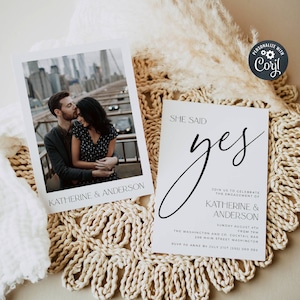 Modern Photo Engagement Party Invitation Template, Printable Minimalist Classic Invite, Editable She Said Yes Invite, Instant Download