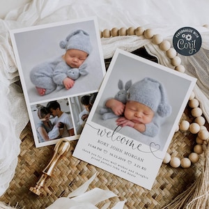 Photo Birth Announcement Template, Printable Newborn Cards With Pictures, Editable Minimalist Welcome Heart Baby Thank You, Instant Download