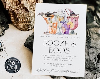 May include: A Halloween party invitation with a black and white design. The invitation features a watercolor illustration of spooky cocktails with a bat, ghost, and witch's hat. The text reads "Booze & Boos" and includes the date, time, and location of the party. The invitation also includes the text "Don't be caught dead without a costume!"