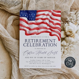 Modello di invito per una festa di pensionamento con bandiera americana, pensionamento militare stampabile, modificabile Navy Marine Army Air Force, Download istantaneo #R1