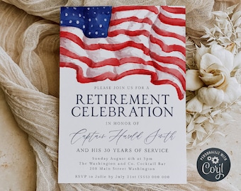 American Flag Retirement Party Invitation Template, Printable Military Retirement, Editable Navy Marine Army Air Force, Digital Download #R1