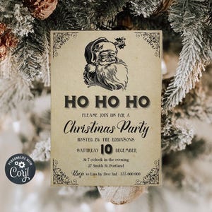 Vintage Santa Christmas Invitation Template, Printable Holiday Party Invite, Editable Traditional Ho Ho Ho Santa Invite, Instant Download