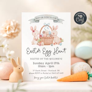 Easter Egg Hunt Invitation Template, Printable Easter Bunny Invite, Editable Cute Spring Neighborhood Rabbits Invitation, Instant Download