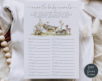 Woodland Baby Shower Name The Baby Animals Game, Printable Baby Shower Activity, Cute Forest Animals Shower Game, Digital Download, #WS