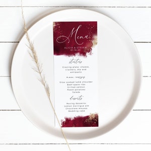 Burgundy Watercolor Menu Template, Printable Maroon &amp; Gold Wedding ...