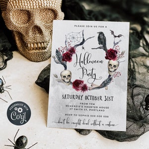May include: A Halloween party invitation with a watercolor design featuring skulls, roses, and a raven. The invitation is on a white background with black text. The text reads "Please join us for a Halloween Party, Saturday October 31st, from 7pm, McKenzie's Haunted House, 27 Smith St, Portland, RSVP to Sophie 500 000 000, don't be caught dead without a costume."