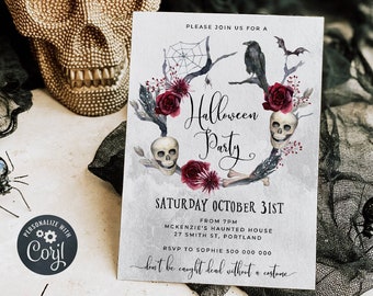 Adult Halloween Party Invitation Template, Printable Wreath Skulls Halloween Party Invite, Editable Costume Party Invite, Digital Download