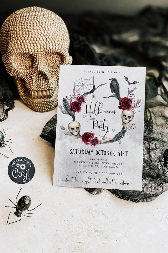 Adult Halloween Party Invitation Template, Printable Wreath Skulls Halloween Party Invite, Editable Costume Party Invite, Instant Download