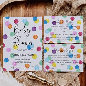 Ensemble d'invitation pour baby shower à pois arc-en-ciel, suite de modèles imprimables pour baby shower à pois aquarelle, modifiable neutre sexiste, téléchargement immédiat, #RSS