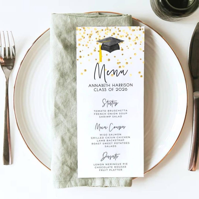 Graduation Dinner Menu Template, Printable Gold Confetti Graduate Table ...